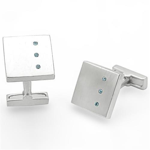 JCE1382 Rhodium Brass Cufflink with Top Grade Crystal  in Sea Blue-Default Title